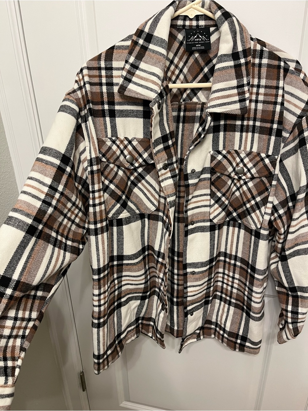 Plaid Button-Front Shacket Jacket - Brown/Ivory